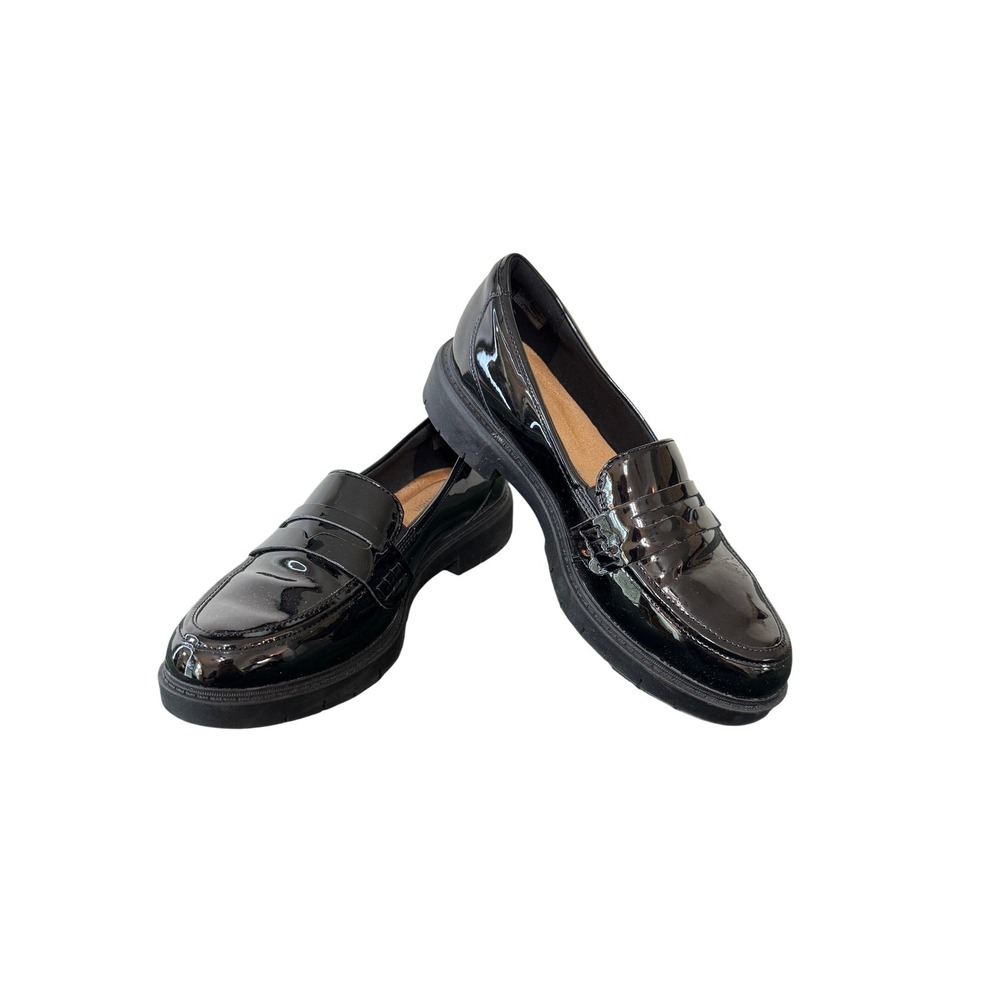 Clarks Loafers‎ Women 10 Black Patent Penny Loafer Lug Sole Academia Preppy